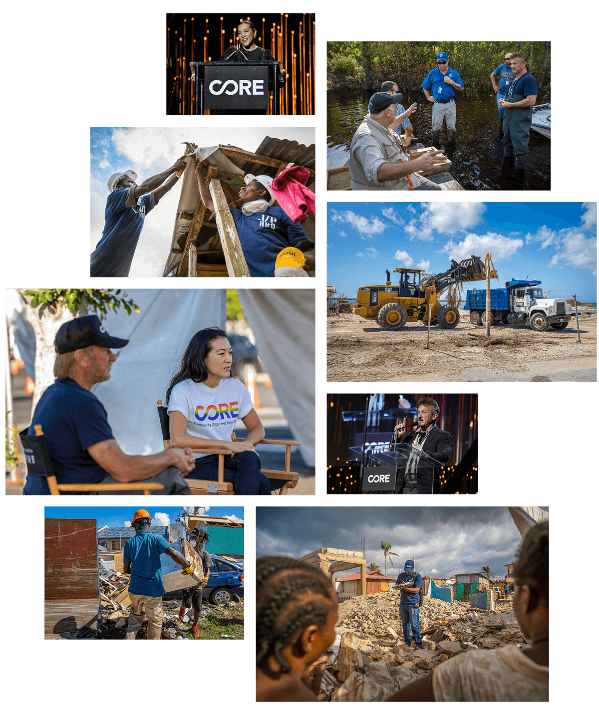 CORE Leadership collage featuring shots of Ann Lee and Sean Penn, Haitian staff, operations photos in the field.