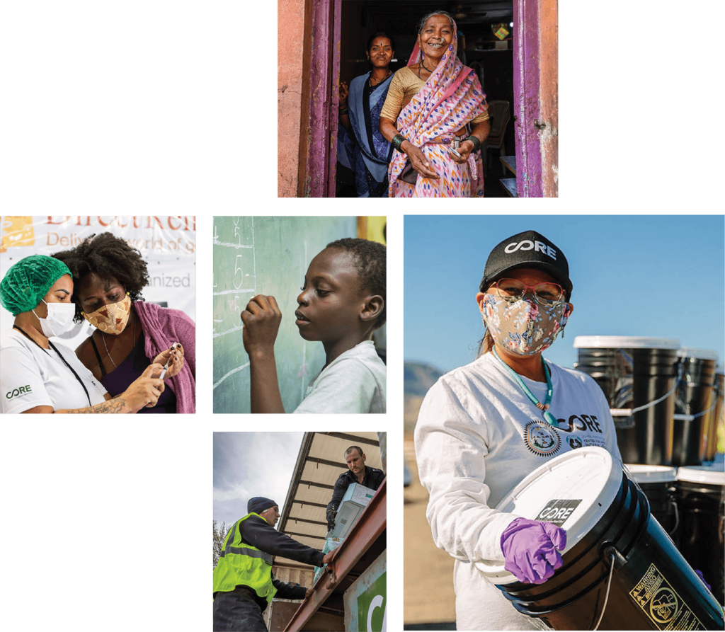 A collage of photos showing CORE's work across the globe, in India, Georgia, Haiti, Navajo Nation and Ukraine.
