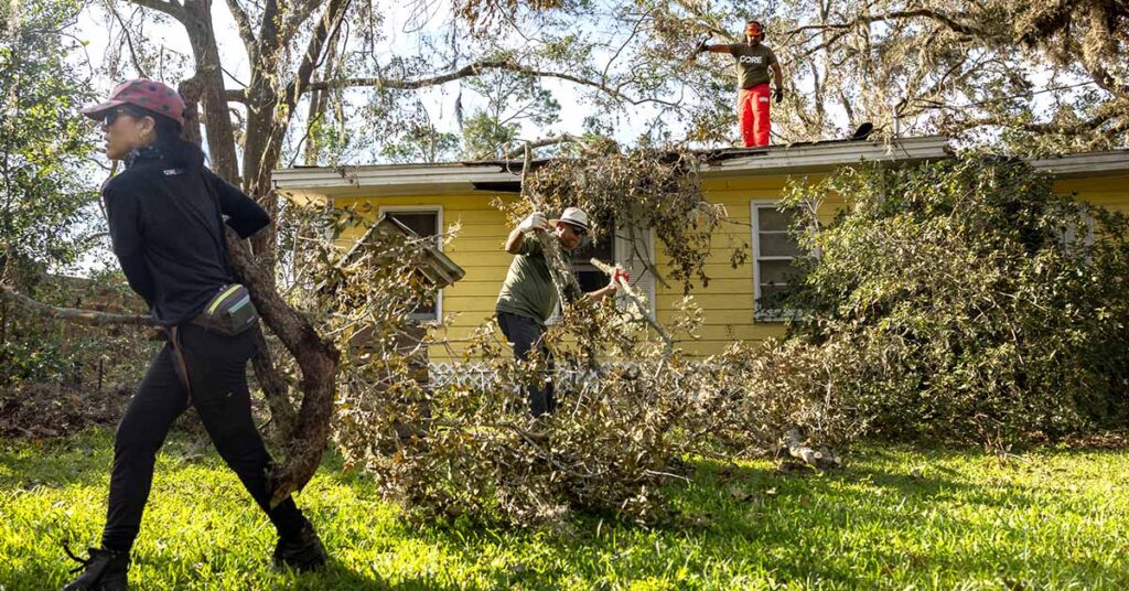 Three CORE staff remove debris and tree branches.