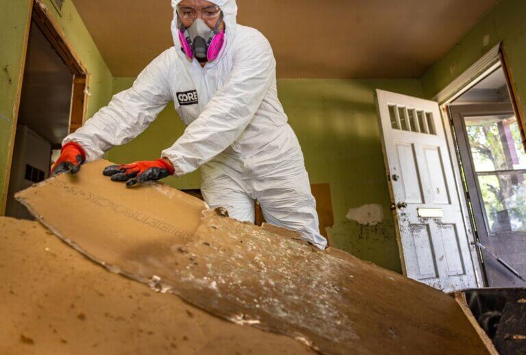 Visible mold on the backside of a piece of drywall removed from Maria’s home.