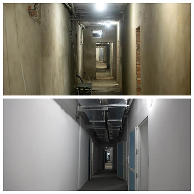 Before and after photos of the hospital shelter in Ukraine.