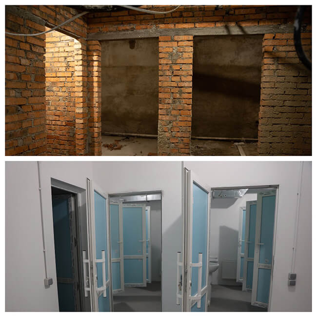 Before and after photos of the hospital shelter in Ukraine.