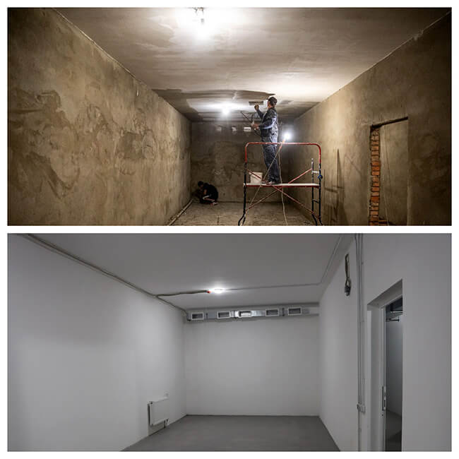 Before and after photos of the hospital shelter in Ukraine.