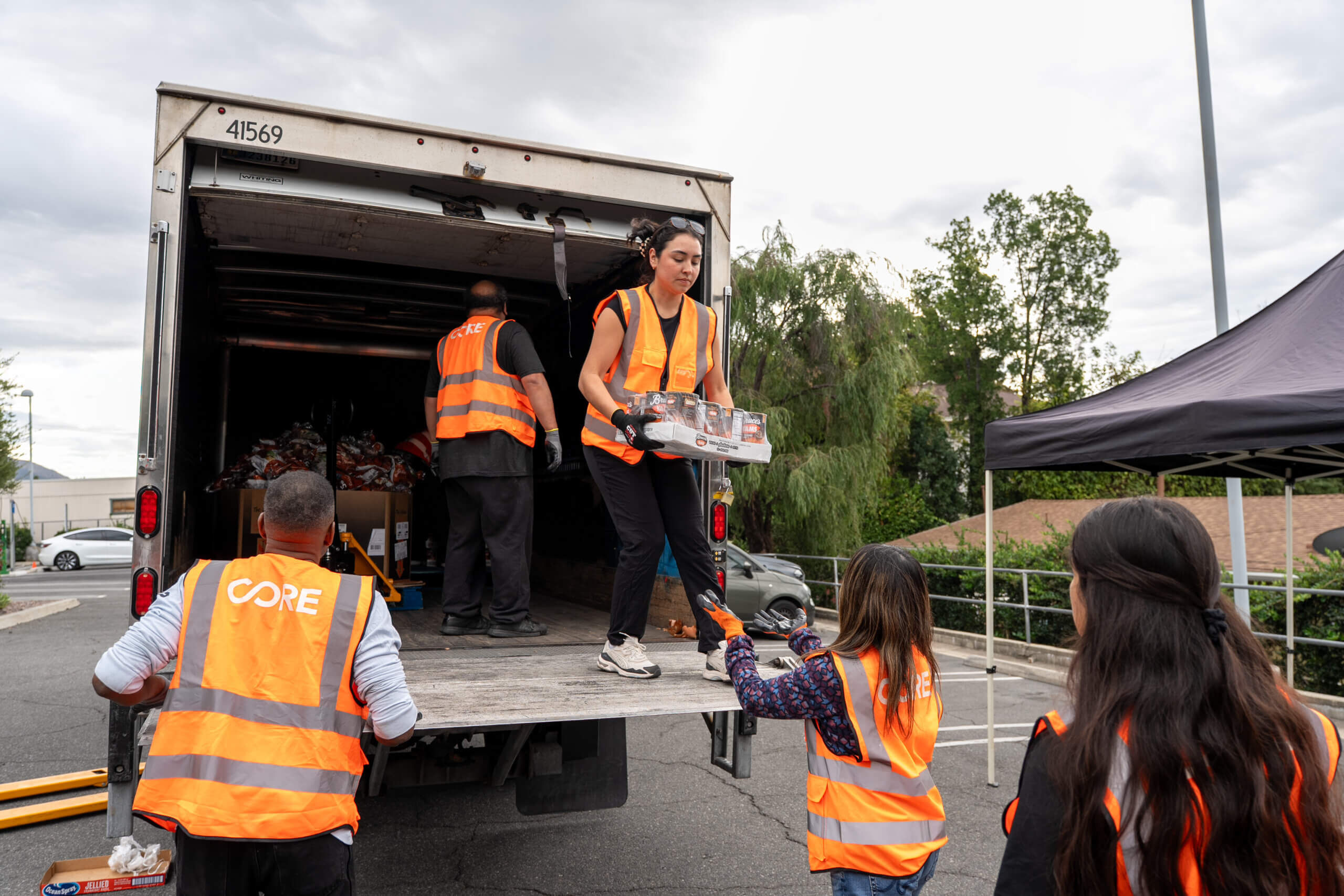CORE staff unload Thanksgiving food in Altadena.
