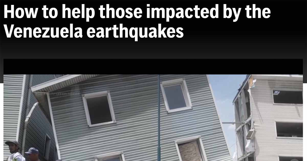 Screen cap of an AP web article that has the headline "How to help those impacted by the Venezuela earthquaks" that has a picture of a collapsed house under it.