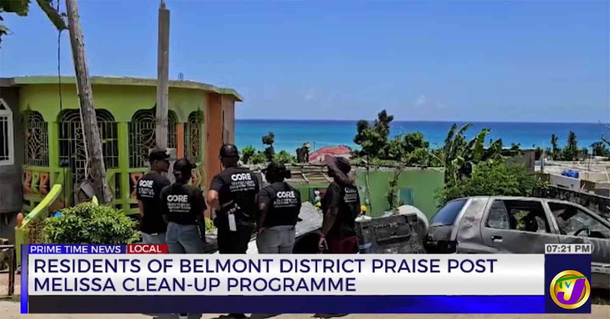 A screen capture of a television news report, that shows CORE's team in Jamaica clearing debris from a neighborhood after Hurricane Melissa.