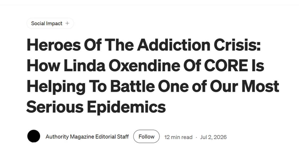 Screengrab of an article titled "Heroes of the addiction crisis: how Linda Oxendine of CORE is helping to battle one of our most serious epidemics"