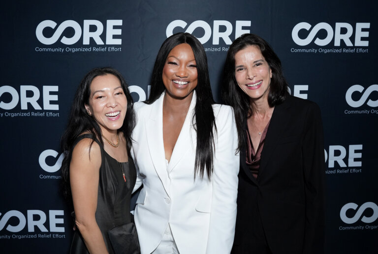 Ann Lee, Garcelle Beauvais, and Patricia Velasquez pose for a photo together in front of a step and repeat at CORE's Afterglow event in Los Angeles.